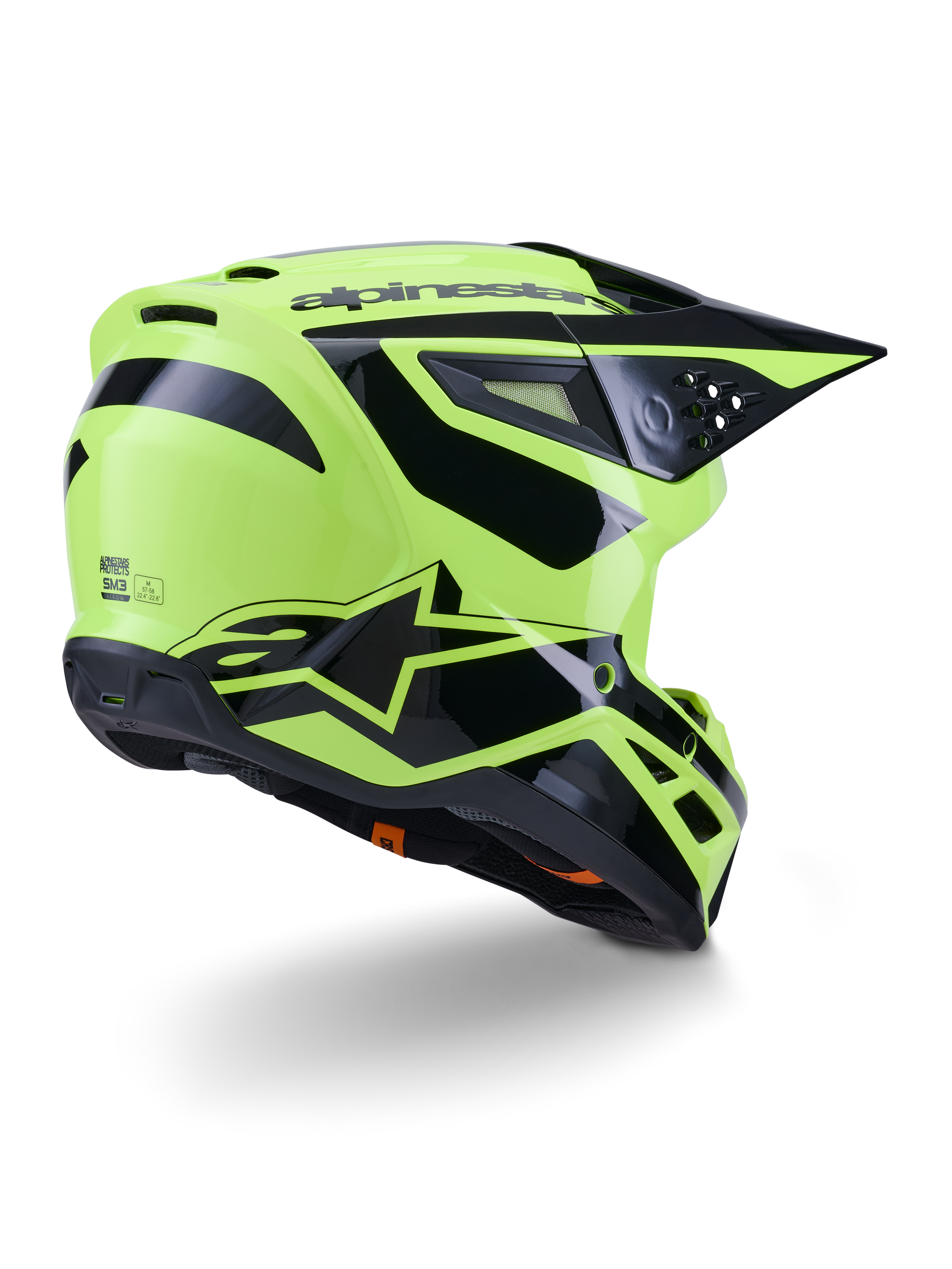 Casco Alpinestars S-M3 Heat, casco da motocross, giallo fluo e nero lucido, vista posteriore di tre quarti caratterizzata da una calotta aerodinamica con prese d'aria integrate e logo Alpinestars nero, finitura lucida per prestazioni off-road