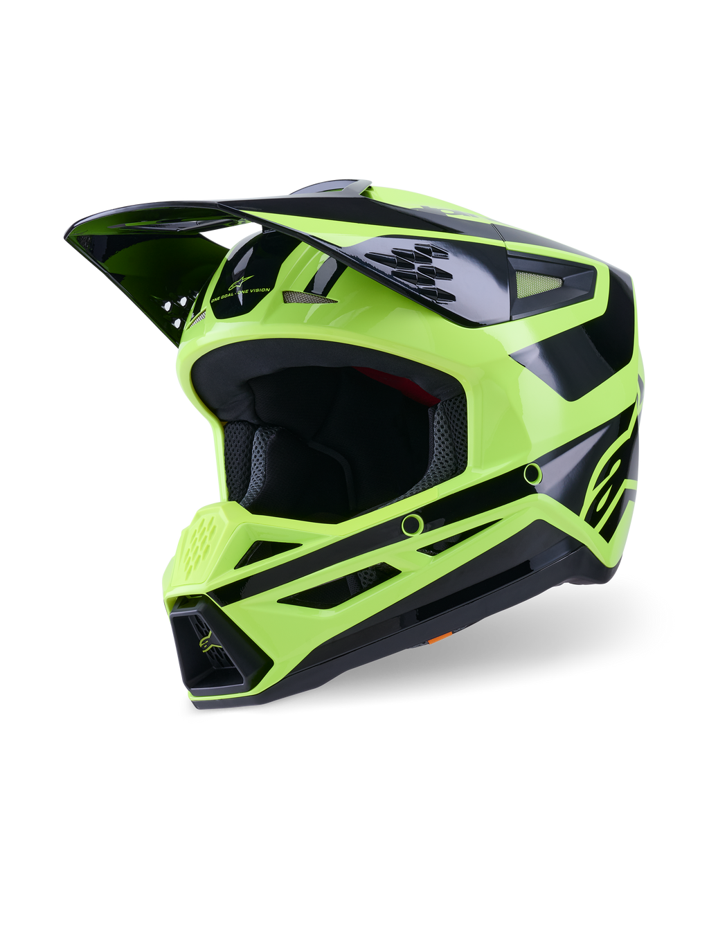 Casco Alpinestars S-M3 Heat, casco da motocross, giallo fluo e nero lucido, caratterizzato da una calotta aerodinamica con un'ampia visiera, molteplici prese d'aria e un design aggressivo della mentoniera, protezione per la testa fuoristrada ad alte prestazioni