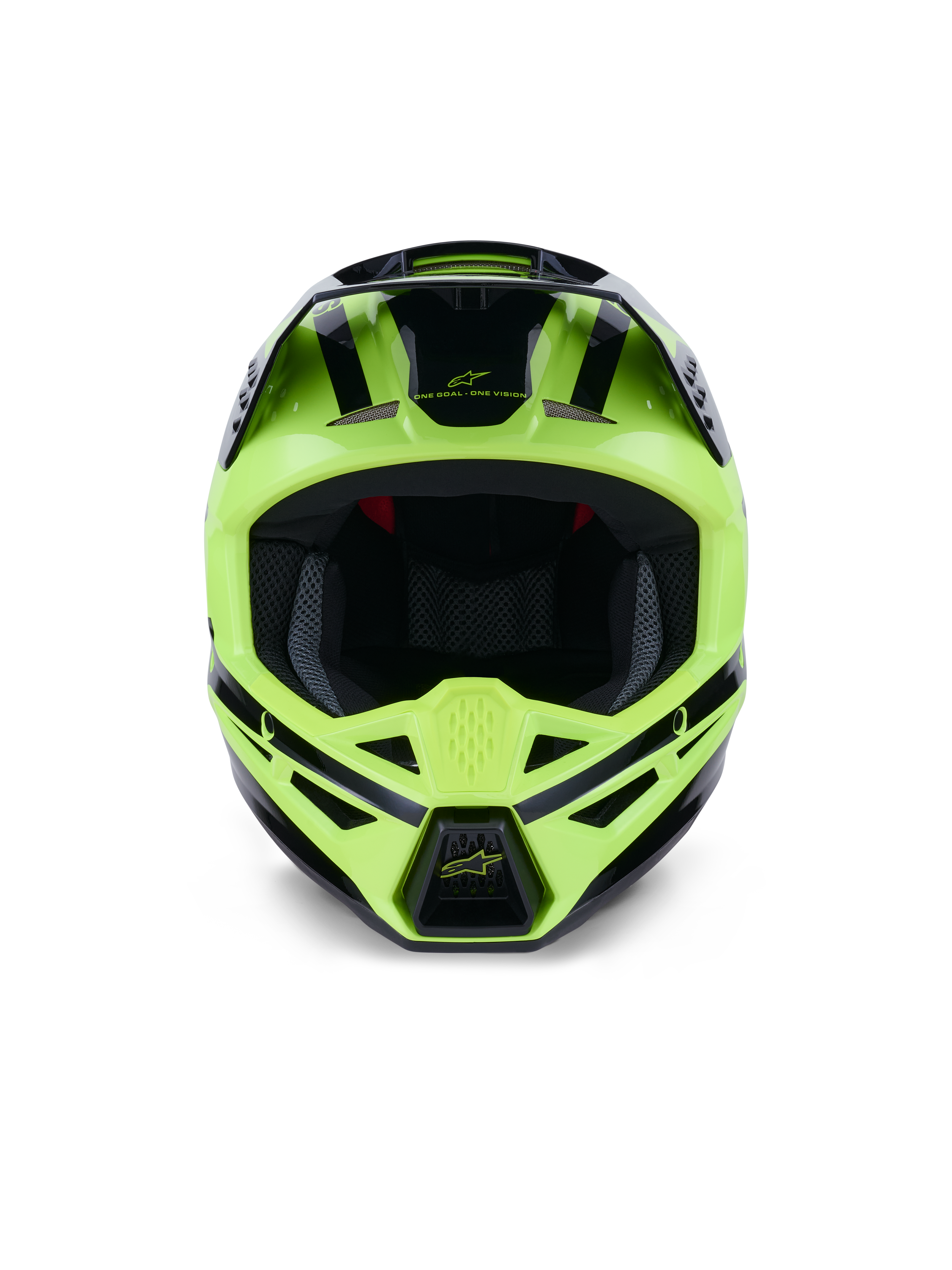 Casco Alpinestars S-M3 Heat, vista frontale, giallo fluo e nero lucido, casco professionale da motocross e off-road, con mentoniera ventilata e design aerodinamico con accenti neri