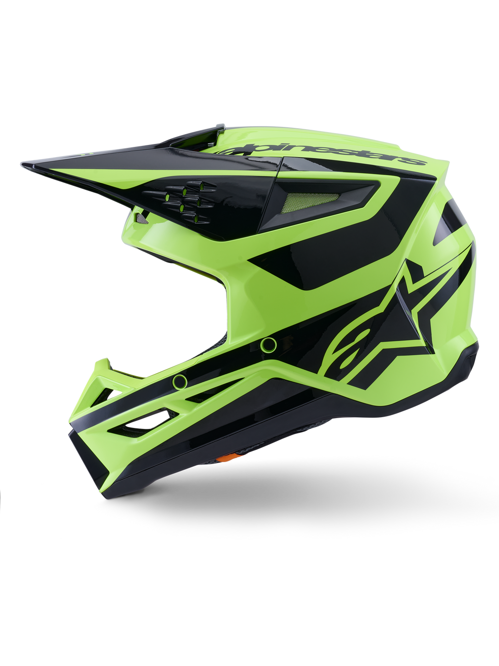 Casco Alpinestars S-M3 Heat, casco da motocross, giallo fluo e nero lucido, vista laterale, con calotta angolare termoiniettata, visiera integrata, prese d'aria e logo Alpinestars in evidenza, progettato per prestazioni fuoristrada