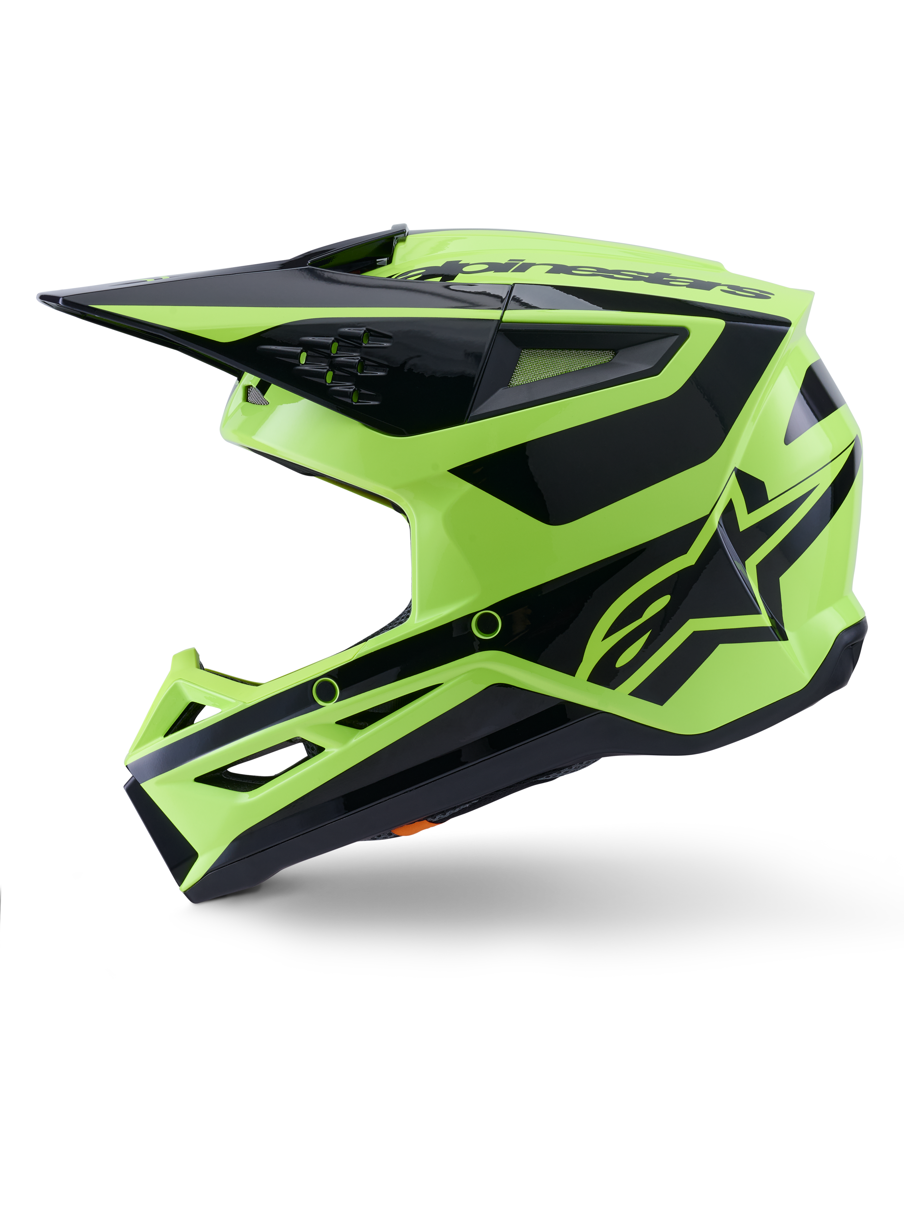 Casco Alpinestars S-M3 Heat, casco da motocross, giallo fluo e nero lucido, vista laterale, con calotta angolare termoiniettata, visiera integrata, prese d'aria e logo Alpinestars in evidenza, progettato per prestazioni fuoristrada