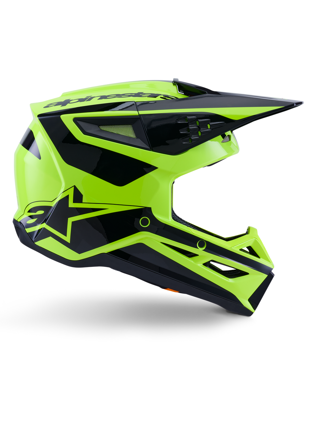 Casco Alpinestars S-M3 Heat, casco da motocross e fuoristrada, giallo fluo e nero lucido, certificato ECE 22.06, profilo laterale con design angolare, visiera a punta, prese d'aria multiple e grafiche geometriche nere con logo A-star