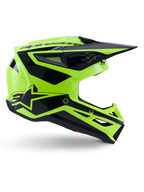 Casco Alpinestars S-M3 Heat, casco da motocross e fuoristrada, giallo fluo e nero lucido, certificato ECE 22.06, profilo laterale con design angolare, visiera a punta, prese d'aria multiple e grafiche geometriche nere con logo A-star