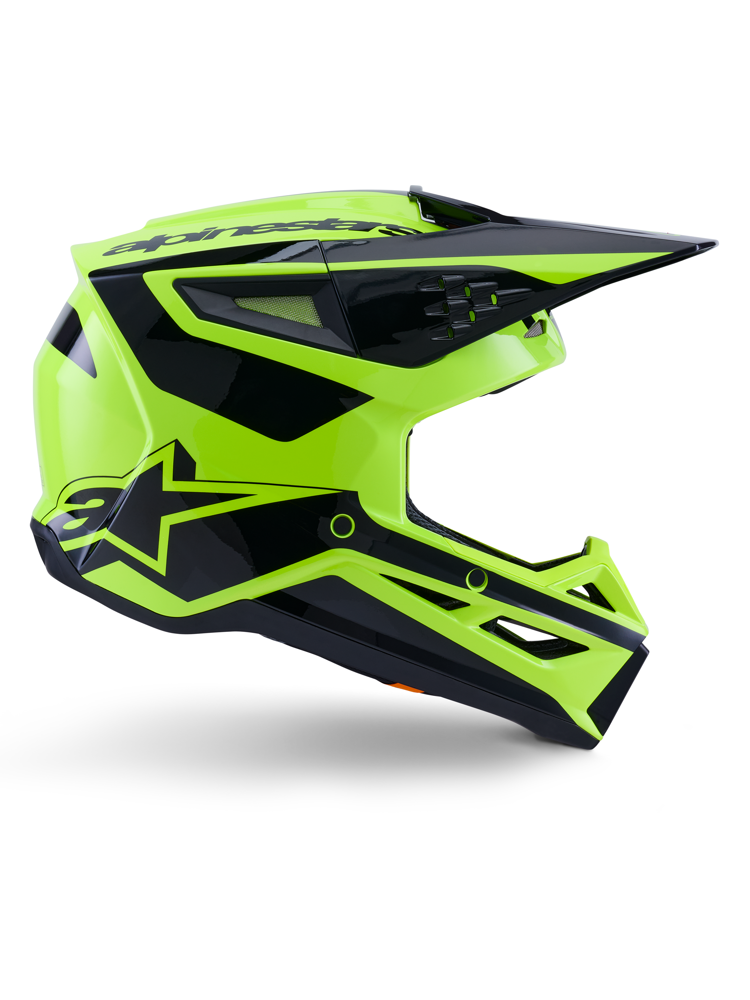 Casco Alpinestars S-M3 Heat, casco da motocross e fuoristrada, giallo fluo e nero lucido, certificato ECE 22.06, profilo laterale con design angolare, visiera a punta, prese d'aria multiple e grafiche geometriche nere con logo A-star