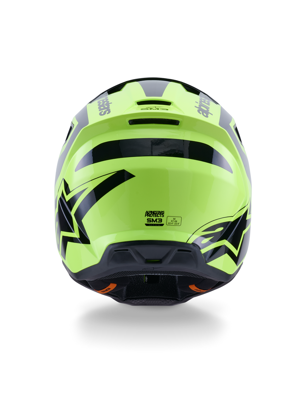 Alpinestars S-M3 Heat Helmet, casco da motocross, giallo fluo e nero lucido, vista posteriore con grafiche nere marcate e loghi Alpinestars, calotta aerodinamica con porte di ventilazione integrate, attrezzatura off-road ad alta visibilità