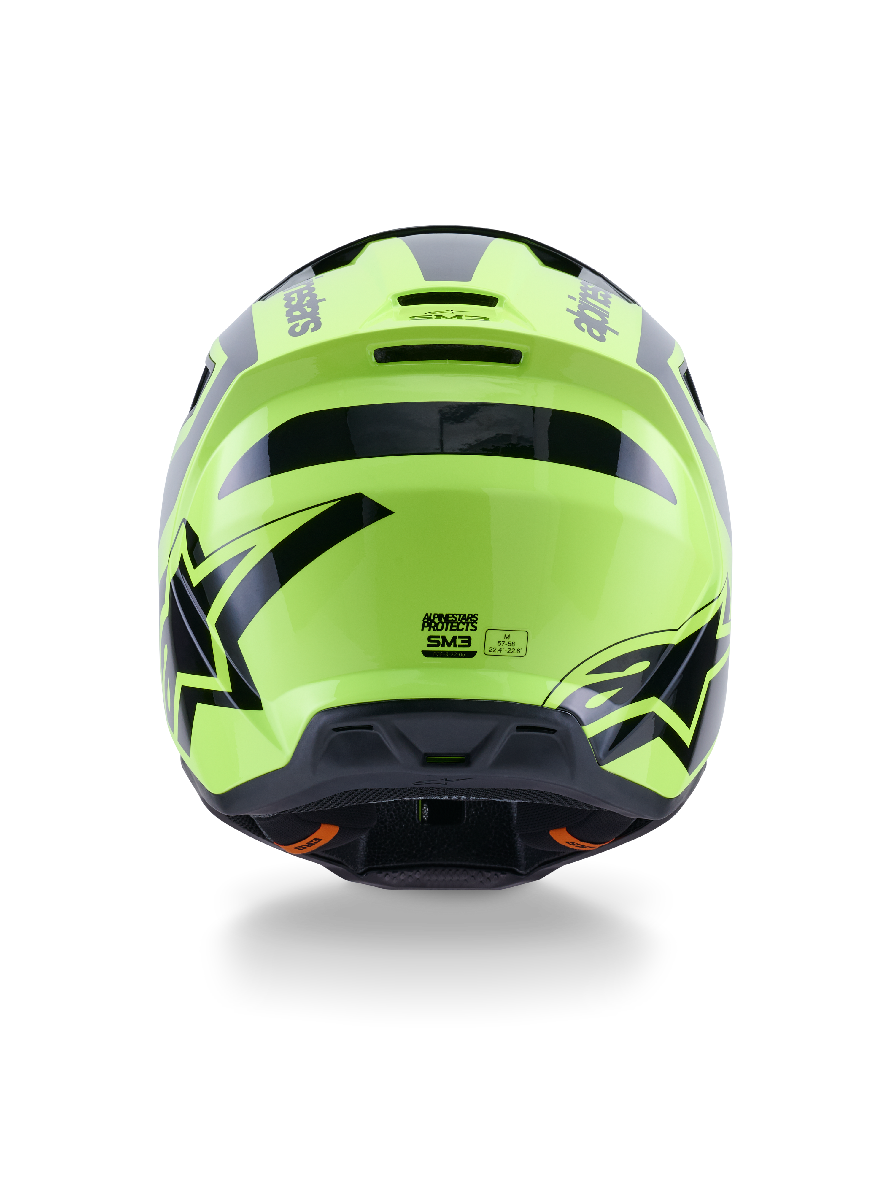 Alpinestars S-M3 Heat Helmet, casco da motocross, giallo fluo e nero lucido, vista posteriore con grafiche nere marcate e loghi Alpinestars, calotta aerodinamica con porte di ventilazione integrate, attrezzatura off-road ad alta visibilità