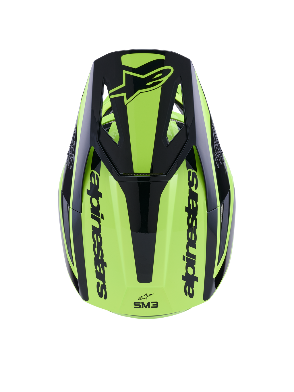 Casco Alpinestars S-M3 Heat, casco da motocross, giallo fluo e nero lucido, vista dall'alto con visiera nera con logo e marchio Alpinestars sui lati, calotta aerodinamica a iniezione termica per corse fuoristrada