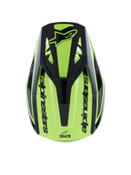 Casco Alpinestars S-M3 Heat, casco da motocross, giallo fluo e nero lucido, vista dall'alto con visiera nera con logo e marchio Alpinestars sui lati, calotta aerodinamica a iniezione termica per corse fuoristrada