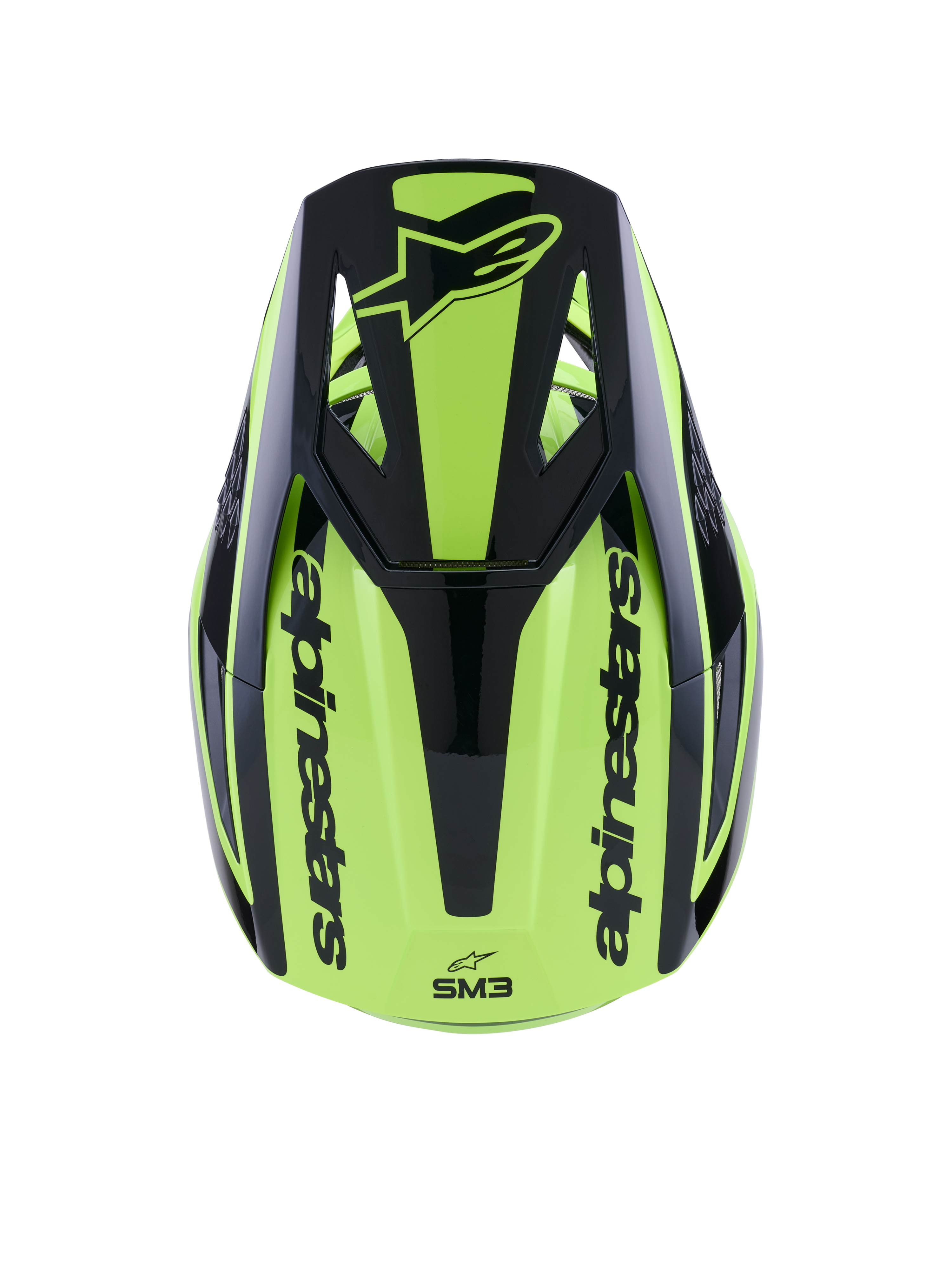 Casco Alpinestars S-M3 Heat, casco da motocross, giallo fluo e nero lucido, vista dall'alto con visiera nera con logo e marchio Alpinestars sui lati, calotta aerodinamica a iniezione termica per corse fuoristrada