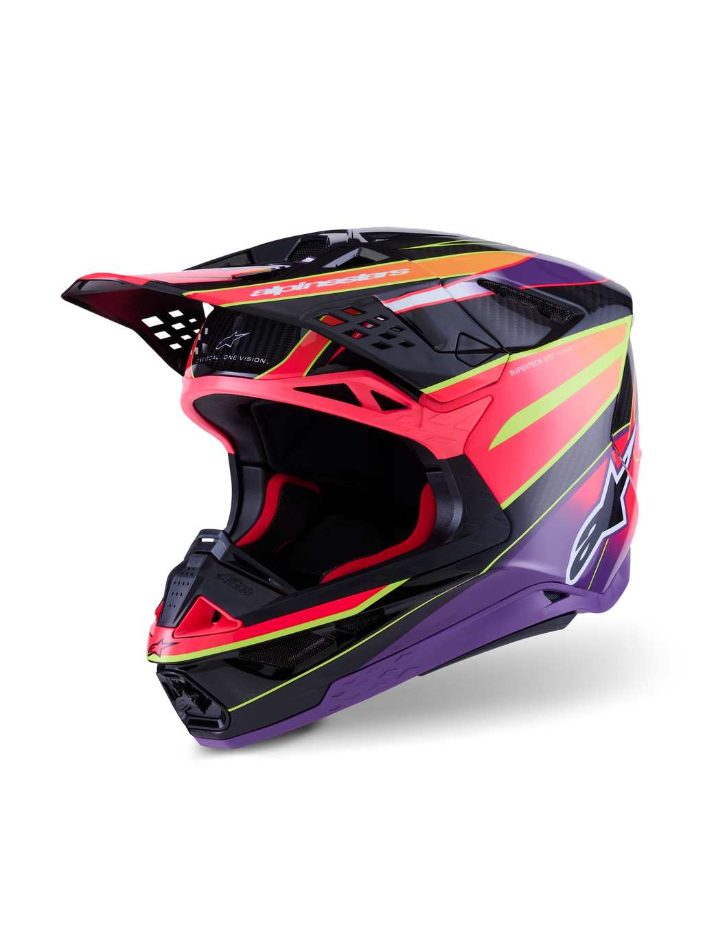 Casco Alpinestars Supertech M10 Era, casco da motocross, rosa, viola e giallo fluo lucido, caratterizzato da una calotta in carbonio multi-composito, design aerodinamico con 28 prese d'aria, finitura lucida con grafiche vivaci e branding Alpinestars, equipaggiamento professionale per corse fuoristrada