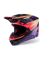 Casco Alpinestars Supertech M10 Era, casco da motocross, rosa, viola e giallo fluo lucido, caratterizzato da una calotta in carbonio multi-composito, design aerodinamico con 28 prese d'aria, finitura lucida con grafiche vivaci e branding Alpinestars, equipaggiamento professionale per corse fuoristrada