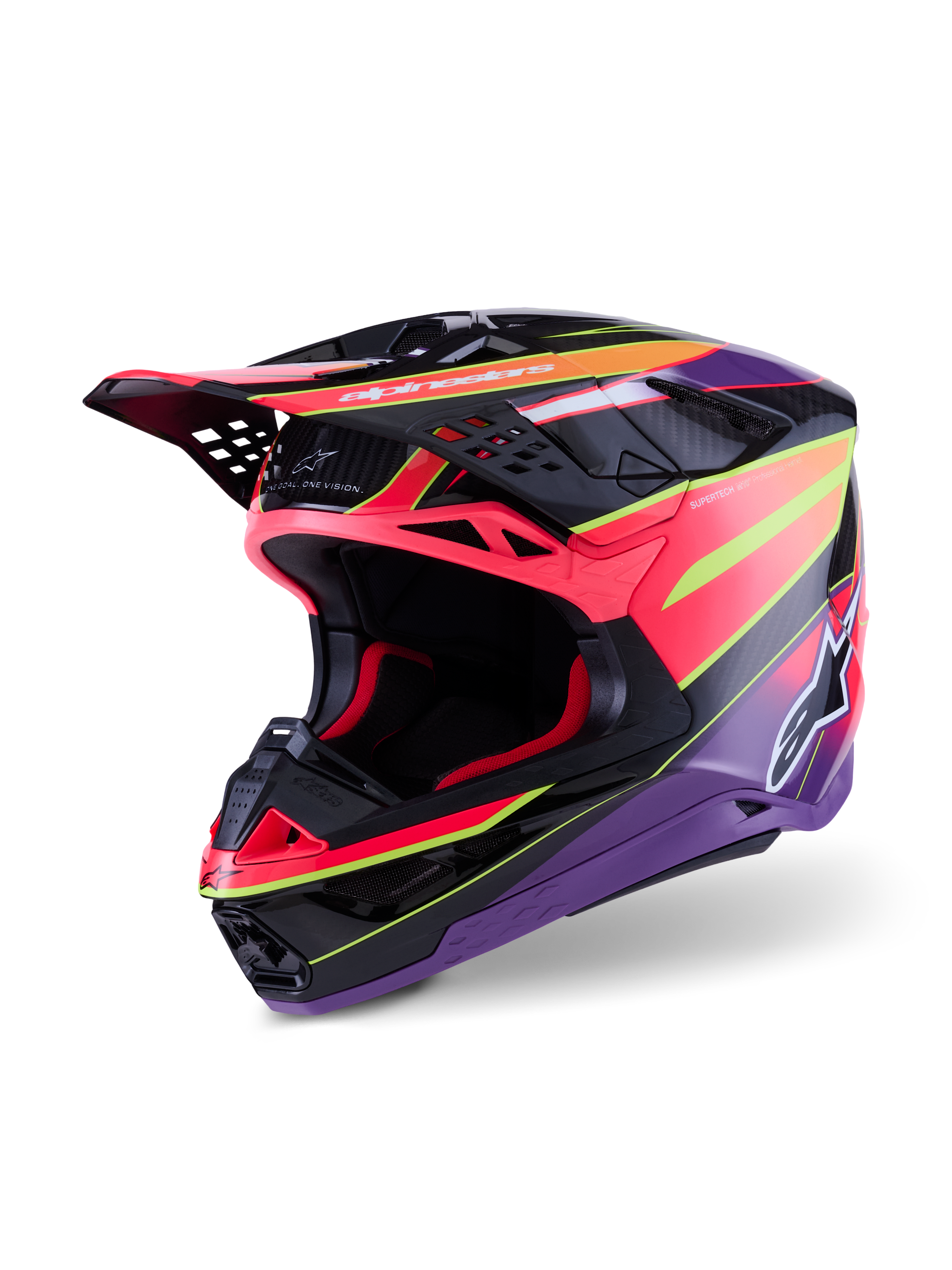 Casco Alpinestars Supertech M10 Era, casco da motocross, rosa, viola e giallo fluo lucido, caratterizzato da una calotta in carbonio multi-composito, design aerodinamico con 28 prese d'aria, finitura lucida con grafiche vivaci e branding Alpinestars, equipaggiamento professionale per corse fuoristrada