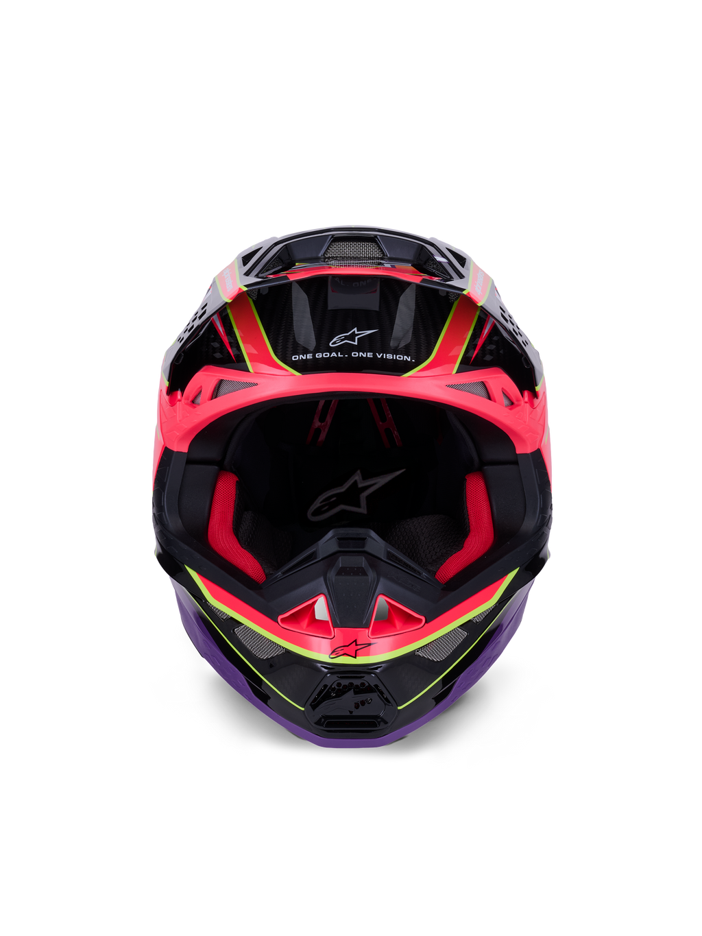 Casco Alpinestars Supertech M10 Era, casco da motocross, rosa violetto e giallo fluo lucido, vista frontale che mostra l'imbottitura interna rossa e i dettagli della calotta in fibra di carbonio, con la scritta 'One Goal. One Vision.', protezione professionale per gare fuoristrada
