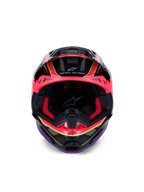 Casco Alpinestars Supertech M10 Era, casco da motocross, rosa violetto e giallo fluo lucido, vista frontale che mostra l'imbottitura interna rossa e i dettagli della calotta in fibra di carbonio, con la scritta 'One Goal. One Vision.', protezione professionale per gare fuoristrada