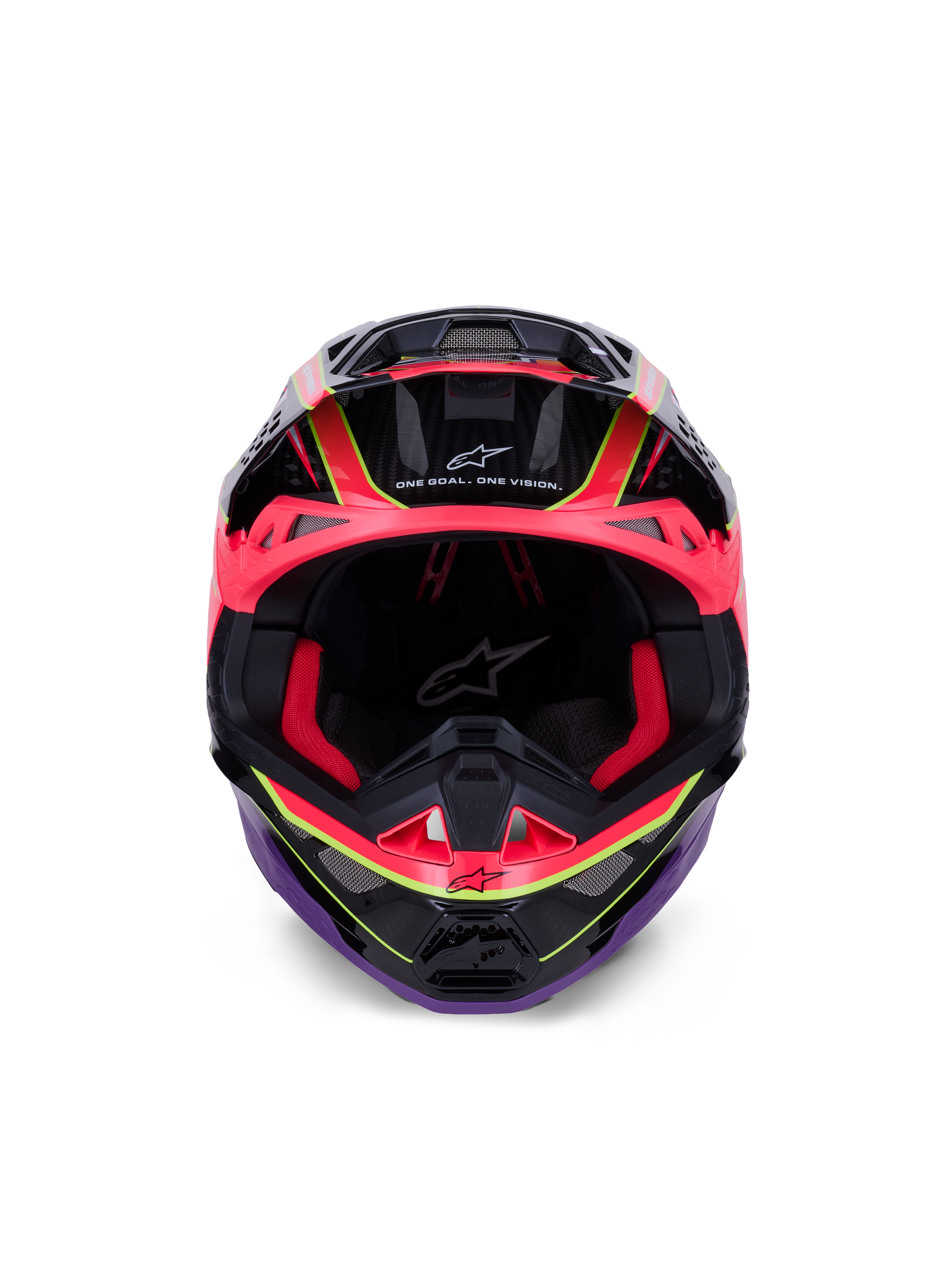 Casco Alpinestars Supertech M10 Era, casco da motocross, rosa violetto e giallo fluo lucido, vista frontale che mostra l'imbottitura interna rossa e i dettagli della calotta in fibra di carbonio, con la scritta 'One Goal. One Vision.', protezione professionale per gare fuoristrada