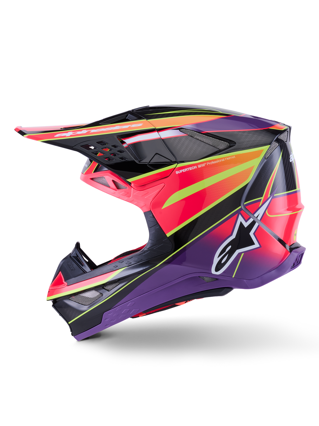 Casco Alpinestars Supertech M10 Era, casco da motocross, rosa violetto e giallo fluorescente lucido, vista di profilo laterale con grafiche geometriche audaci e trama in fibra di carbonio, logo a stella Alpinestars, prese d'aria integrate e design aerodinamico per il racing off-road