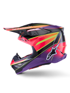 Casco Alpinestars Supertech M10 Era, casco da motocross, rosa violetto e giallo fluorescente lucido, vista di profilo laterale con grafiche geometriche audaci e trama in fibra di carbonio, logo a stella Alpinestars, prese d'aria integrate e design aerodinamico per il racing off-road