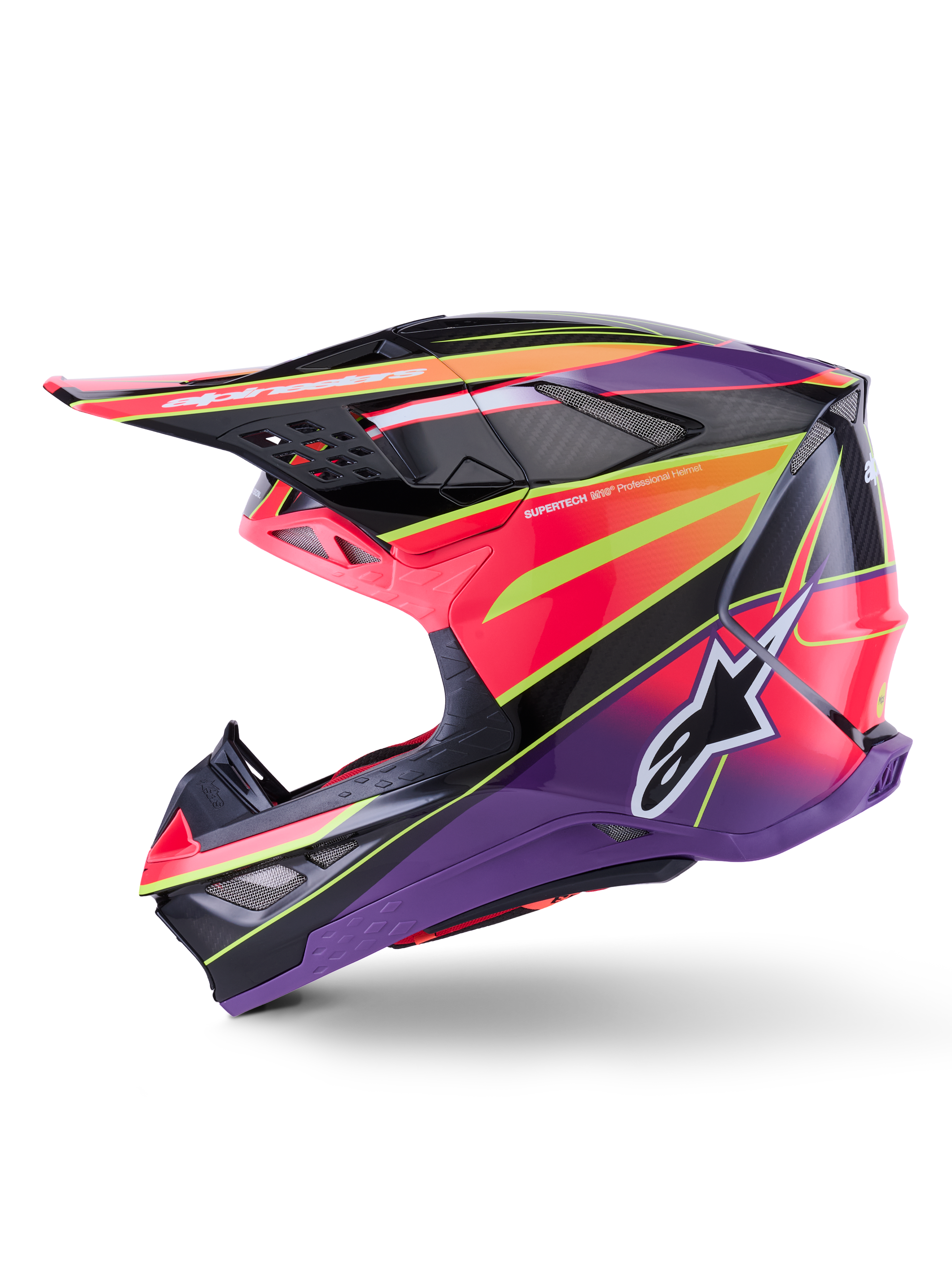 Casco Alpinestars Supertech M10 Era, casco da motocross, rosa violetto e giallo fluorescente lucido, vista di profilo laterale con grafiche geometriche audaci e trama in fibra di carbonio, logo a stella Alpinestars, prese d'aria integrate e design aerodinamico per il racing off-road