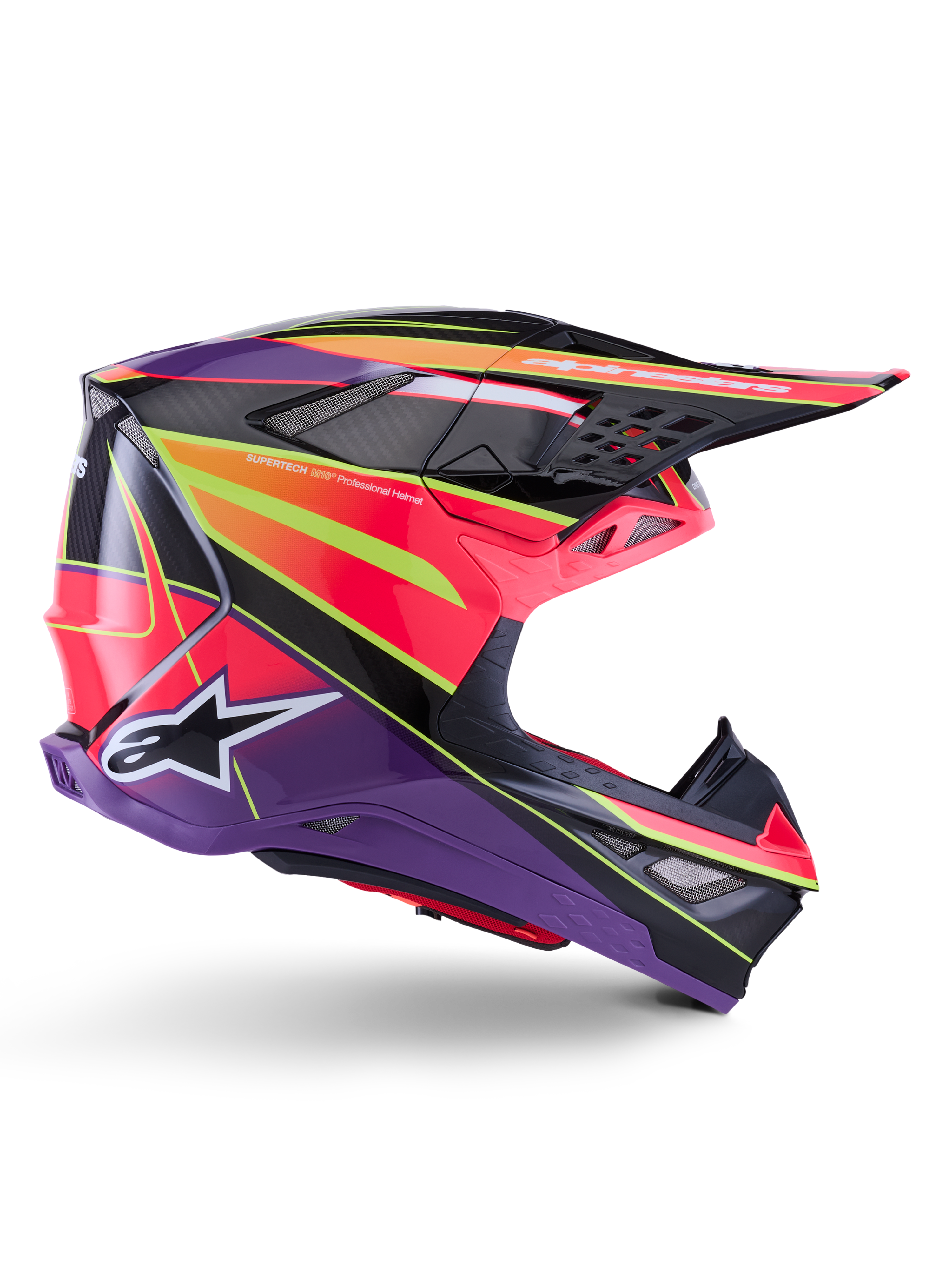 Casco Alpinestars Supertech M10 Era, casco da motocross, rosa, viola e giallo fluo lucido, vista laterale di profilo, caratterizzato da una calotta in carbonio multi-composito con motivi geometrici vivaci, prese d'aria integrate e logo Alpinestars bianco, progettato per prestazioni fuoristrada d'élite.