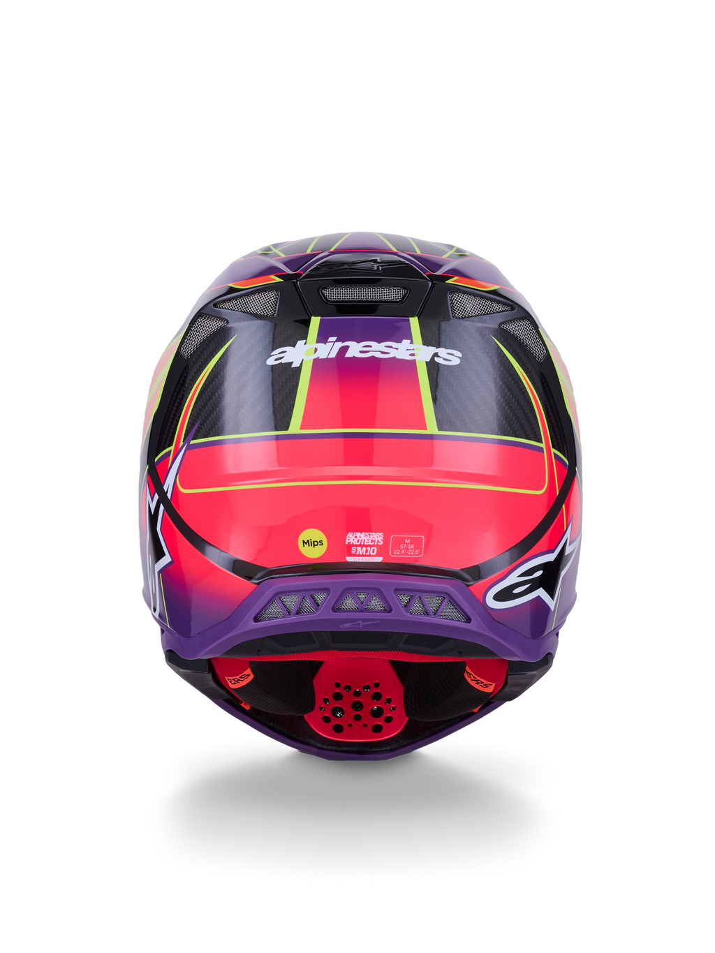 Casco Alpinestars Supertech M10 Era ECE 22.06, vista posteriore, rosa, viola e giallo fluo lucido, casco da motocross con costruzione in fibra di carbonio e tecnologia di protezione MIPS