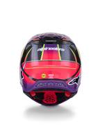Casco Alpinestars Supertech M10 Era ECE 22.06, vista posteriore, rosa, viola e giallo fluo lucido, casco da motocross con costruzione in fibra di carbonio e tecnologia di protezione MIPS