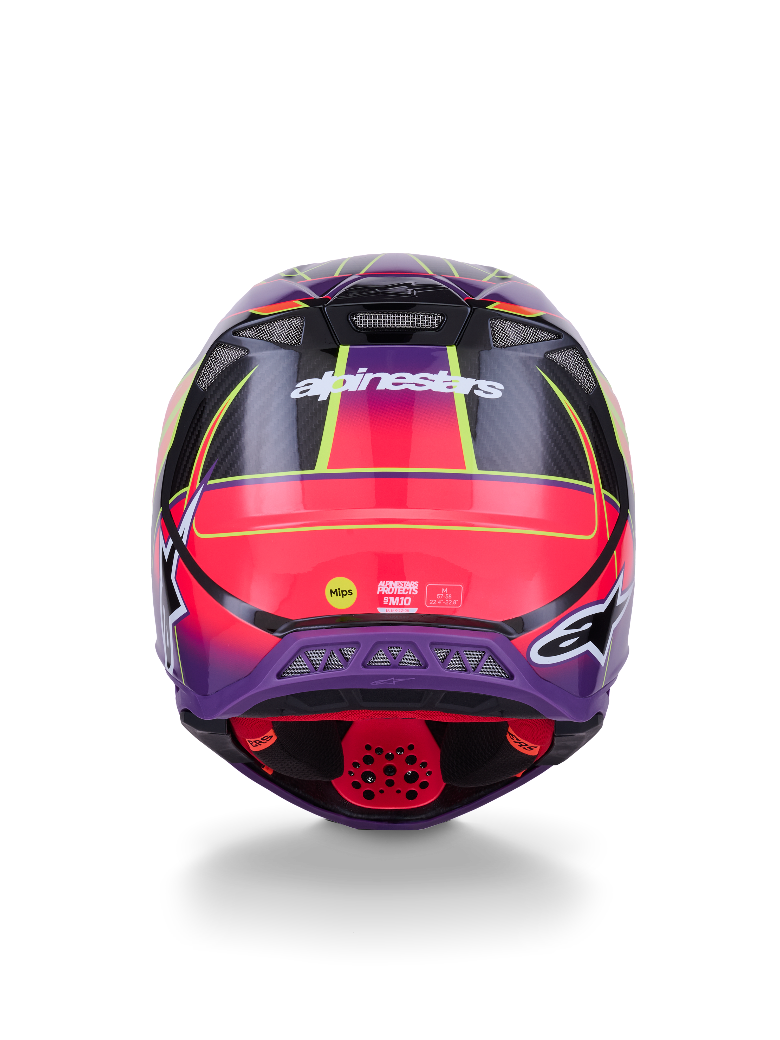 Casco Alpinestars Supertech M10 Era ECE 22.06, vista posteriore, rosa, viola e giallo fluo lucido, casco da motocross con costruzione in fibra di carbonio e tecnologia di protezione MIPS