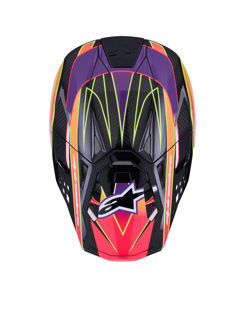 Casco Alpinestars Supertech M10 Era ECE 22.06, casco da motocross, rosa, viola e giallo fluo lucido, vista dall'alto che mostra la calotta in carbonio ad alta densità con finitura lucida, motivi geometrici vivaci, porte di ventilazione integrate e l'iconico logo Alpinestars