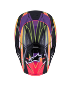 Casco Alpinestars Supertech M10 Era ECE 22.06, casco da motocross, rosa, viola e giallo fluo lucido, vista dall'alto che mostra la calotta in carbonio ad alta densità con finitura lucida, motivi geometrici vivaci, porte di ventilazione integrate e l'iconico logo Alpinestars