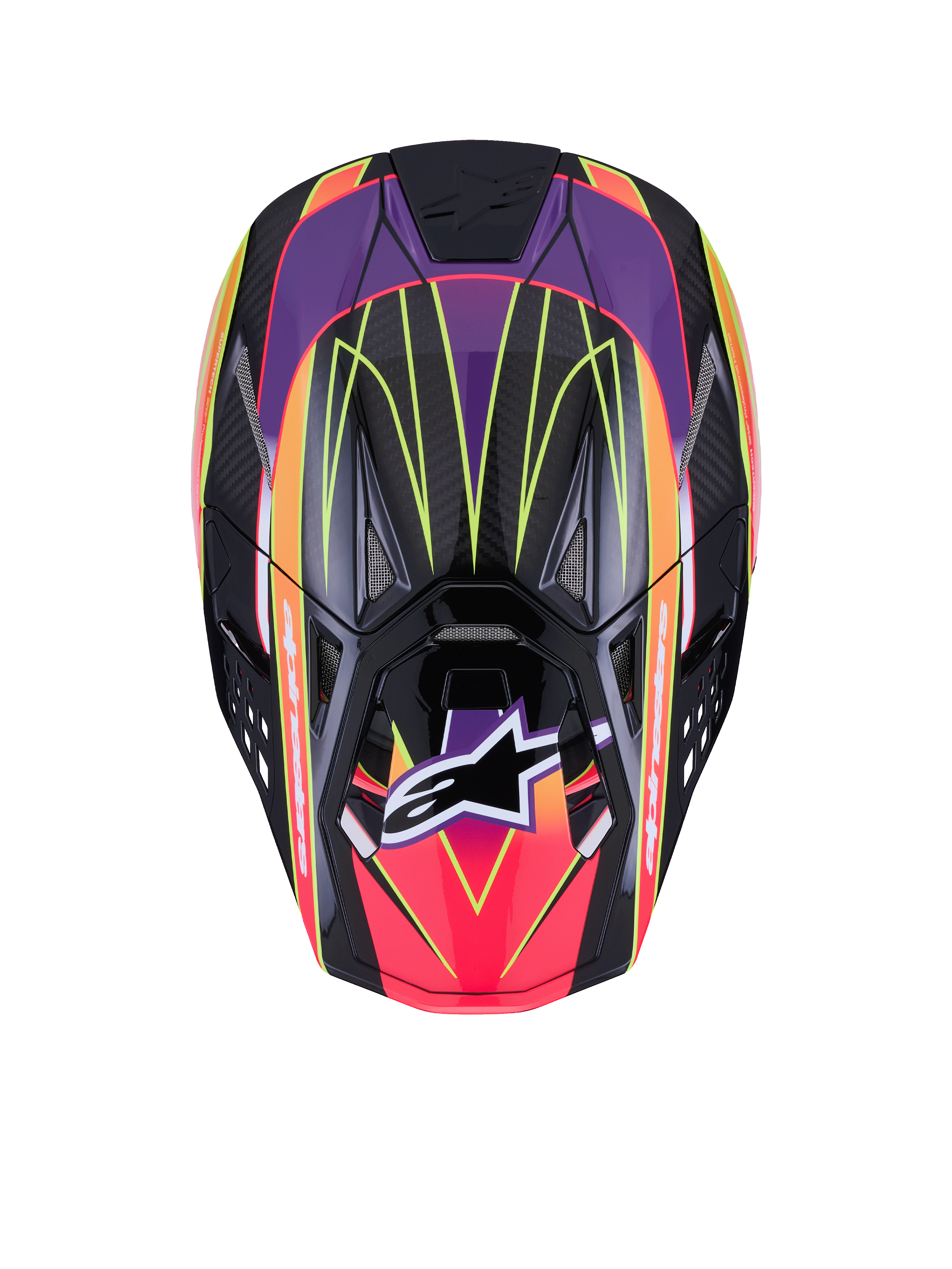 Casco Alpinestars Supertech M10 Era ECE 22.06, casco da motocross, rosa, viola e giallo fluo lucido, vista dall'alto che mostra la calotta in carbonio ad alta densità con finitura lucida, motivi geometrici vivaci, porte di ventilazione integrate e l'iconico logo Alpinestars