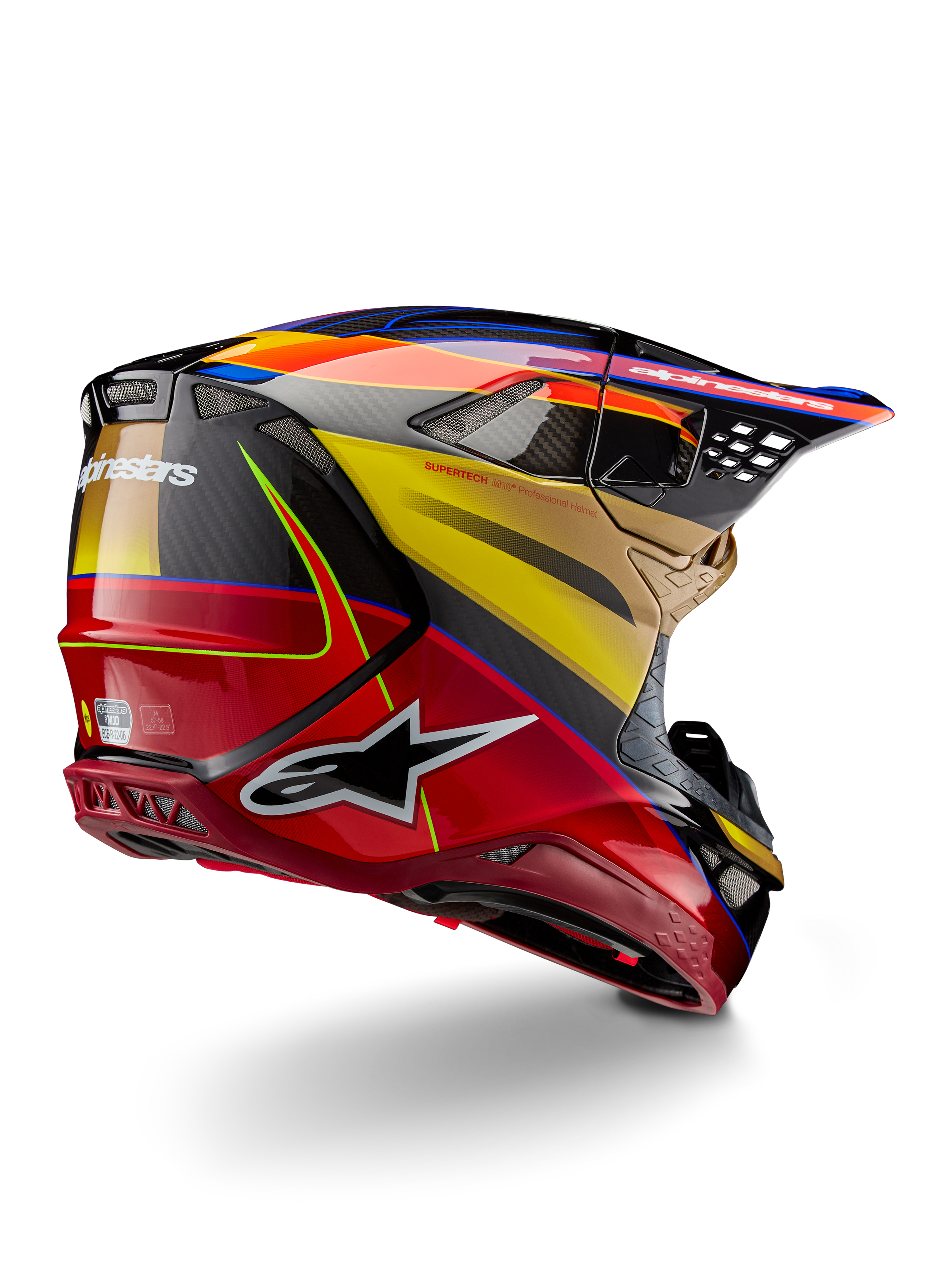 Casco Alpinestars Supertech M10 Era, casco da motocross, Gold Yellow Rio Red lucido, vista posteriore di tre quarti che mostra la calotta in fibra di carbonio con grafiche rosse e gialle, accenti blu, profilo aerodinamico con molteplici prese d'aria e logo Astar in evidenza.