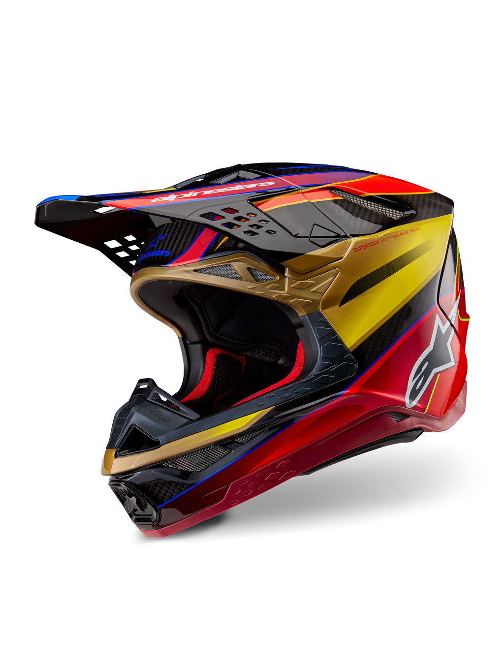 Casco Alpinestars Supertech M10 Era, casco da motocross, Oro Giallo Rio Rosso lucido, calotta aerodinamica in fibra di carbonio con vivaci grafiche rosse e oro, dotata di prese d'aria e scarichi multipli, logo Alpinestars bianco e finitura lucida