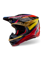 Casco Alpinestars Supertech M10 Era, casco da motocross, Oro Giallo Rio Rosso lucido, calotta aerodinamica in fibra di carbonio con vivaci grafiche rosse e oro, dotata di prese d'aria e scarichi multipli, logo Alpinestars bianco e finitura lucida