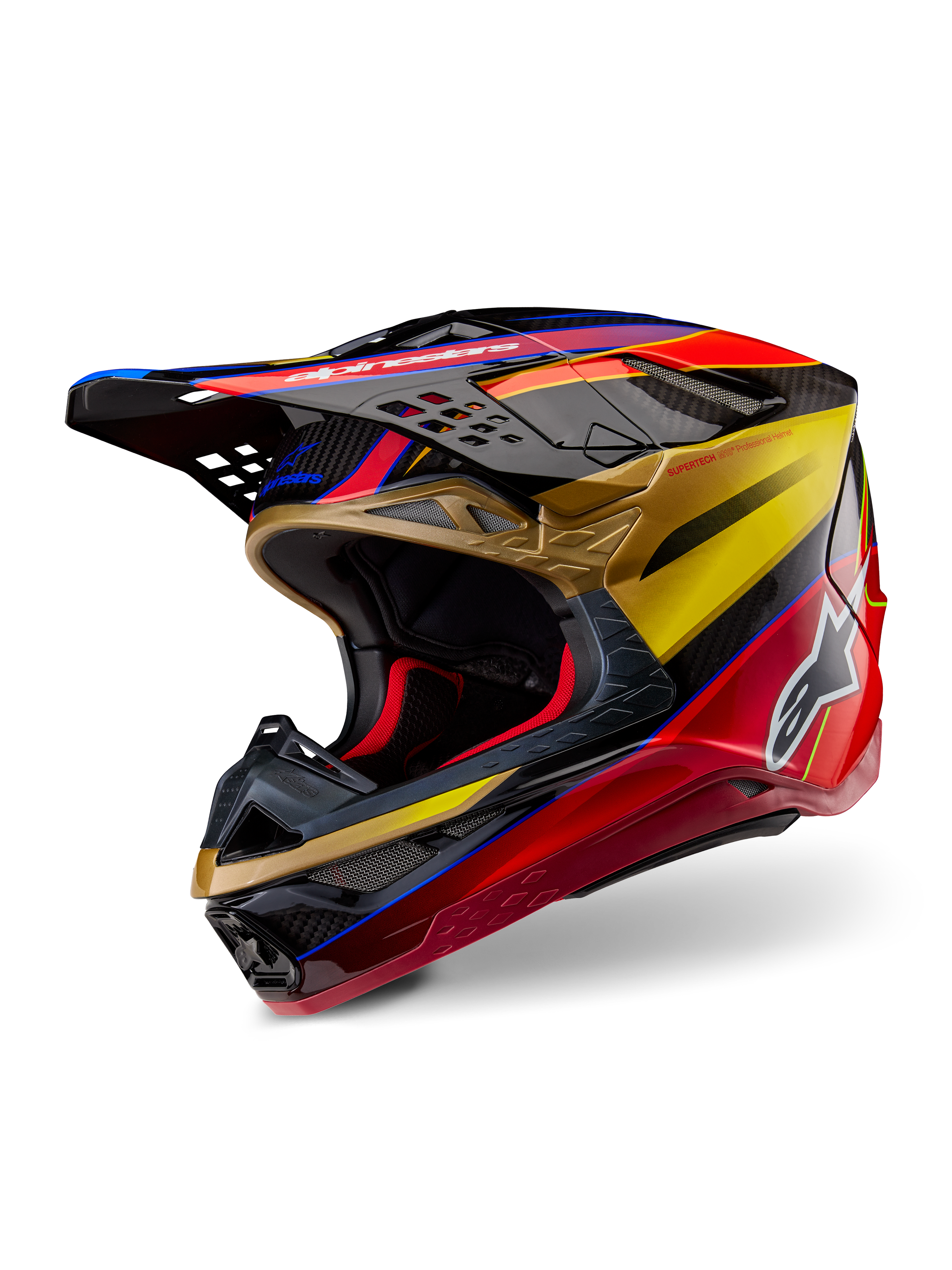 Casco Alpinestars Supertech M10 Era, casco da motocross, Oro Giallo Rio Rosso lucido, calotta aerodinamica in fibra di carbonio con vivaci grafiche rosse e oro, dotata di prese d'aria e scarichi multipli, logo Alpinestars bianco e finitura lucida