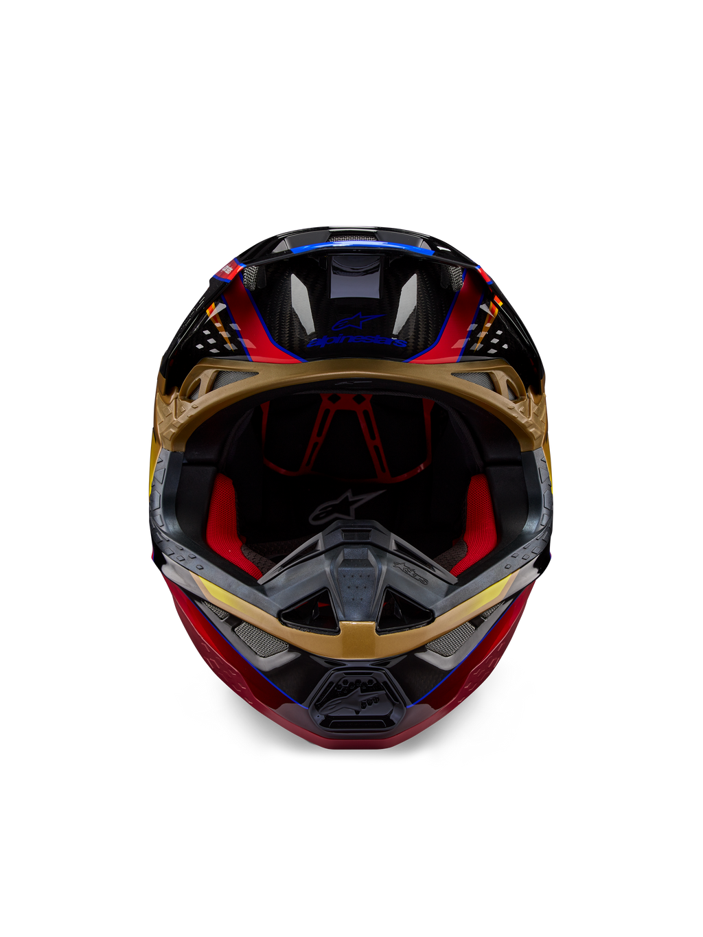 Casco Alpinestars Supertech M10 Era, casco da motocross, giallo oro e rosso Rio lucido, vista frontale con dettagli della calotta in fibra di carbonio e imbottitura interna rossa, design aerodinamico per gare off-road