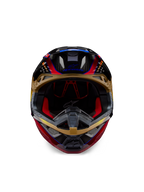Casco Alpinestars Supertech M10 Era, casco da motocross, giallo oro e rosso Rio lucido, vista frontale con dettagli della calotta in fibra di carbonio e imbottitura interna rossa, design aerodinamico per gare off-road