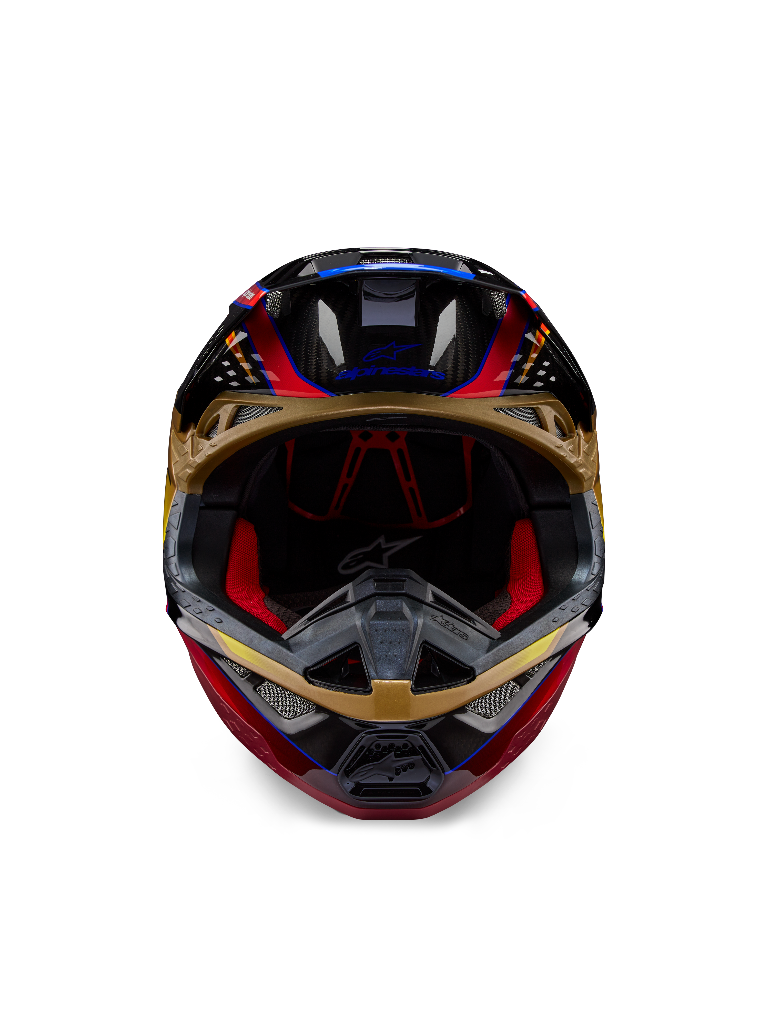 Casco Alpinestars Supertech M10 Era, casco da motocross, giallo oro e rosso Rio lucido, vista frontale con dettagli della calotta in fibra di carbonio e imbottitura interna rossa, design aerodinamico per gare off-road