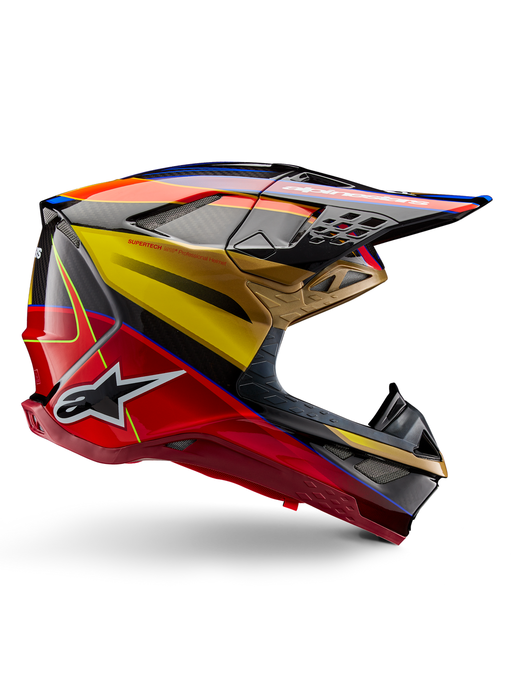 Casco Alpinestars Supertech M10 Era, casco da motocross, Giallo Oro e Rosso Rio lucido con accenti blu e neri, design aerodinamico con visiera integrata, molteplici prese d'aria con rete e dettagli in fibra di carbonio, certificato ECE 22.06