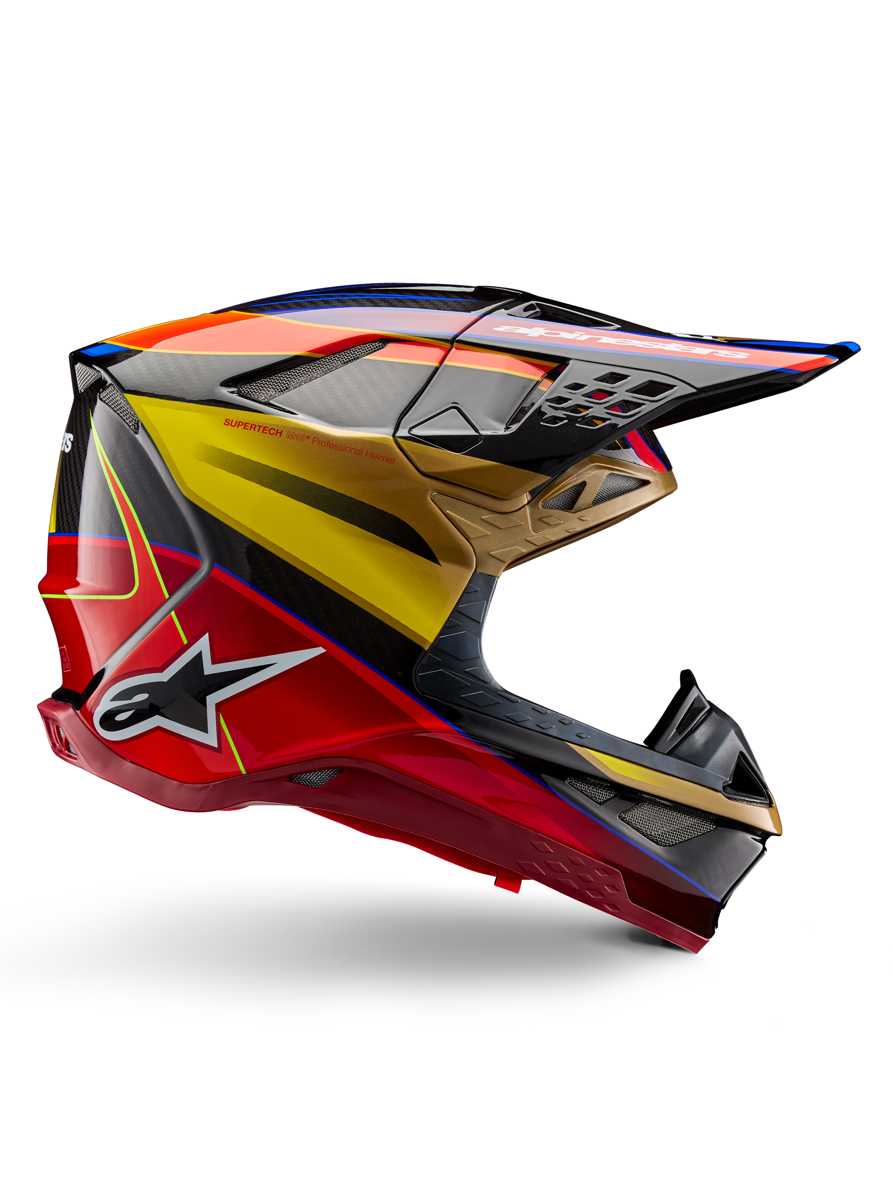 Casco Alpinestars Supertech M10 Era, casco da motocross, Giallo Oro e Rosso Rio lucido con accenti blu e neri, design aerodinamico con visiera integrata, molteplici prese d'aria con rete e dettagli in fibra di carbonio, certificato ECE 22.06