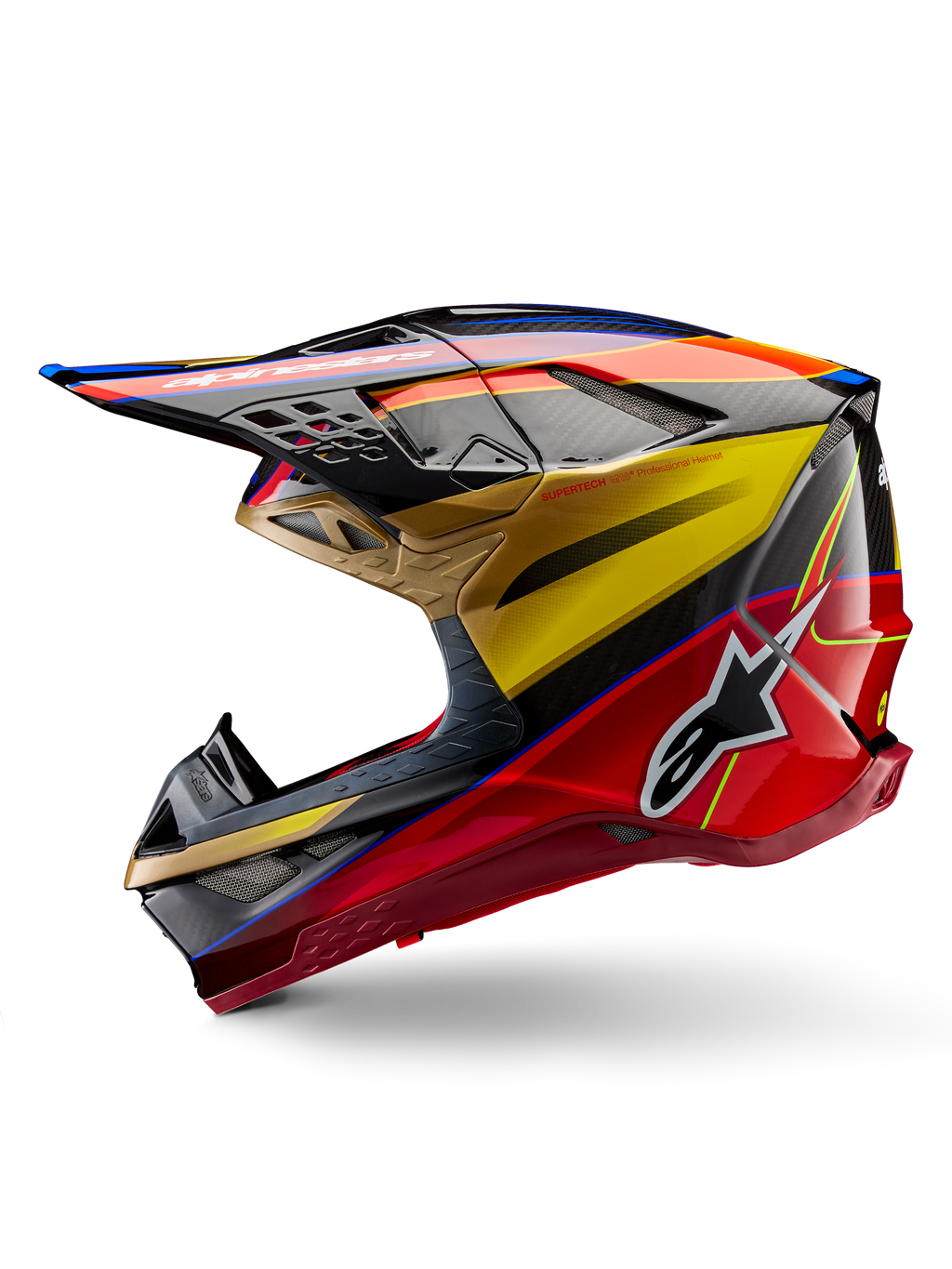 Casco Alpinestars Supertech M10 Era, casco da motocross, Oro Giallo Rio Rosso Lucido, profilo laterale con trama in fibra di carbonio e grafiche audaci, logo Alpinestars a stella, forma aerodinamica con diverse prese d'aria, protezione professionale per gare fuoristrada