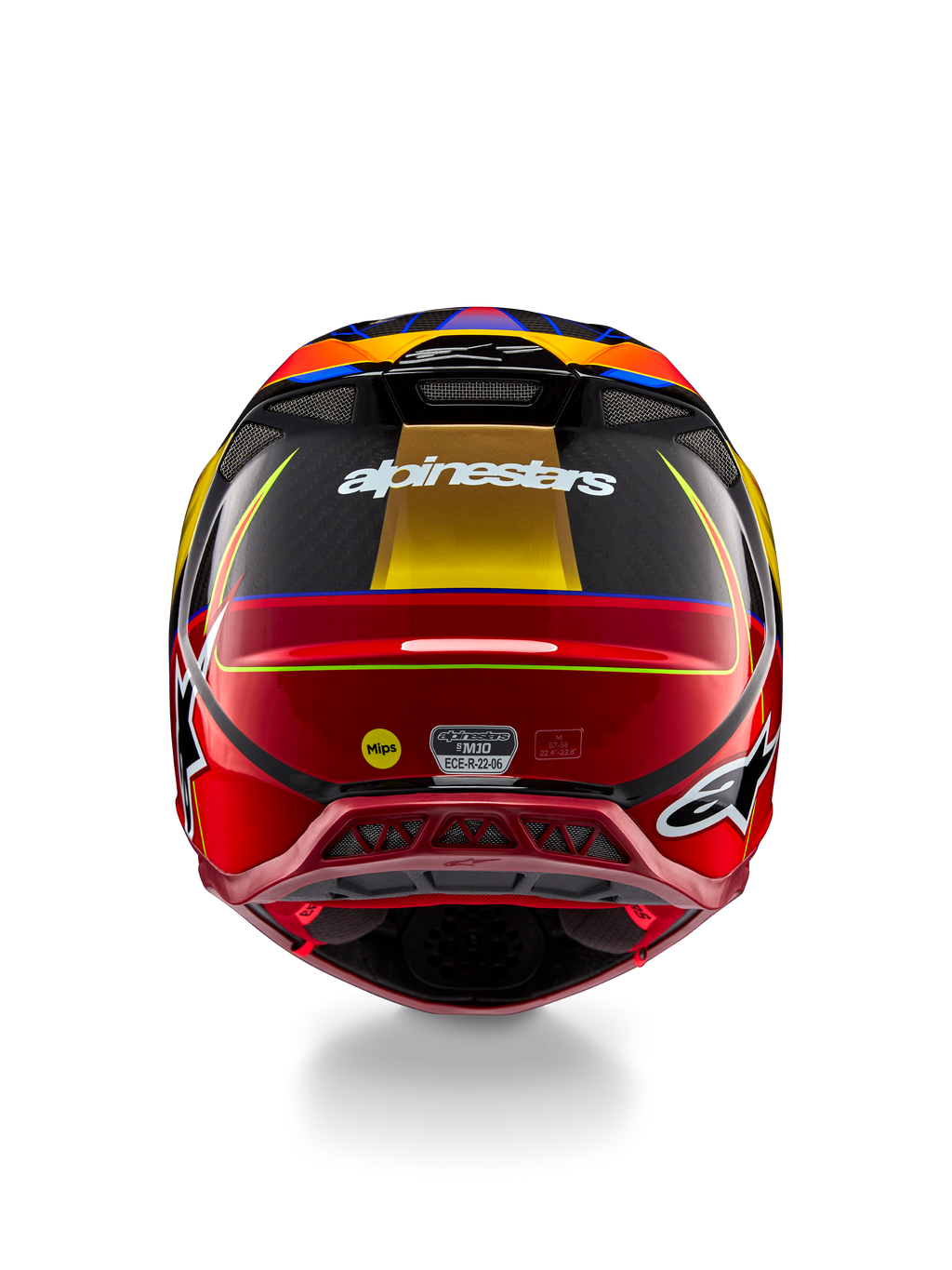 Casco Alpinestars Supertech M10 Era, casco da motocross, giallo oro e rosso Rio lucido, vista posteriore con marchio Alpinestars bianco, logo MIPS e prese d'aria aerodinamiche, costruzione in fibra di carbonio multi-composita con accenti blu
