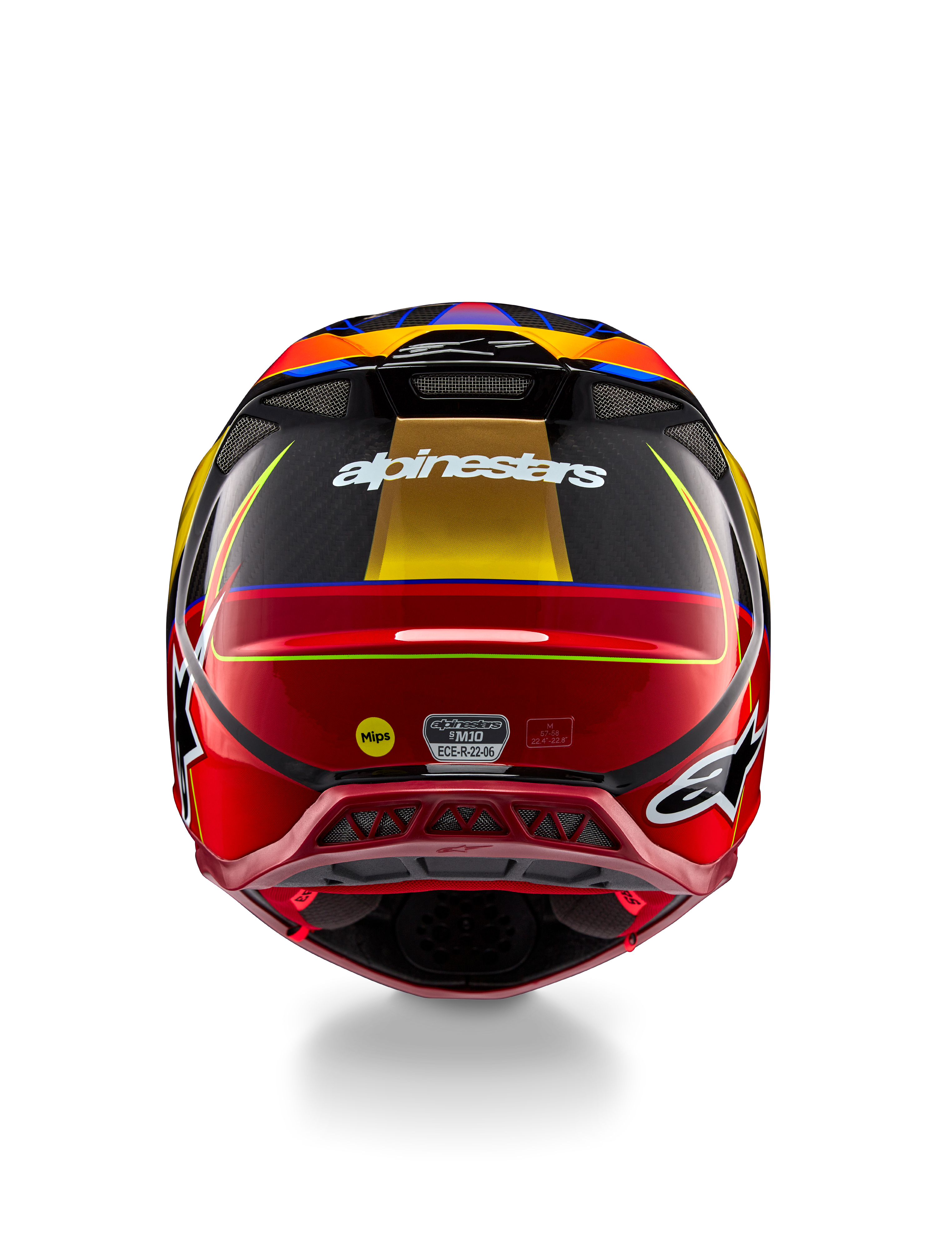 Casco Alpinestars Supertech M10 Era, casco da motocross, giallo oro e rosso Rio lucido, vista posteriore con marchio Alpinestars bianco, logo MIPS e prese d'aria aerodinamiche, costruzione in fibra di carbonio multi-composita con accenti blu
