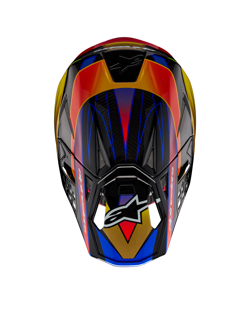 Casco Alpinestars Supertech M10 Era ECE, casco da motocross, Giallo Oro Rosso Rio Lucido, vista dall'alto con vivaci motivi geometrici in blu e giallo, finitura lucida con trama della calotta in carbonio a vista, con il logo Alpinestars sulla visiera