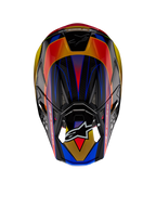 Casco Alpinestars Supertech M10 Era ECE, casco da motocross, Giallo Oro Rosso Rio Lucido, vista dall'alto con vivaci motivi geometrici in blu e giallo, finitura lucida con trama della calotta in carbonio a vista, con il logo Alpinestars sulla visiera