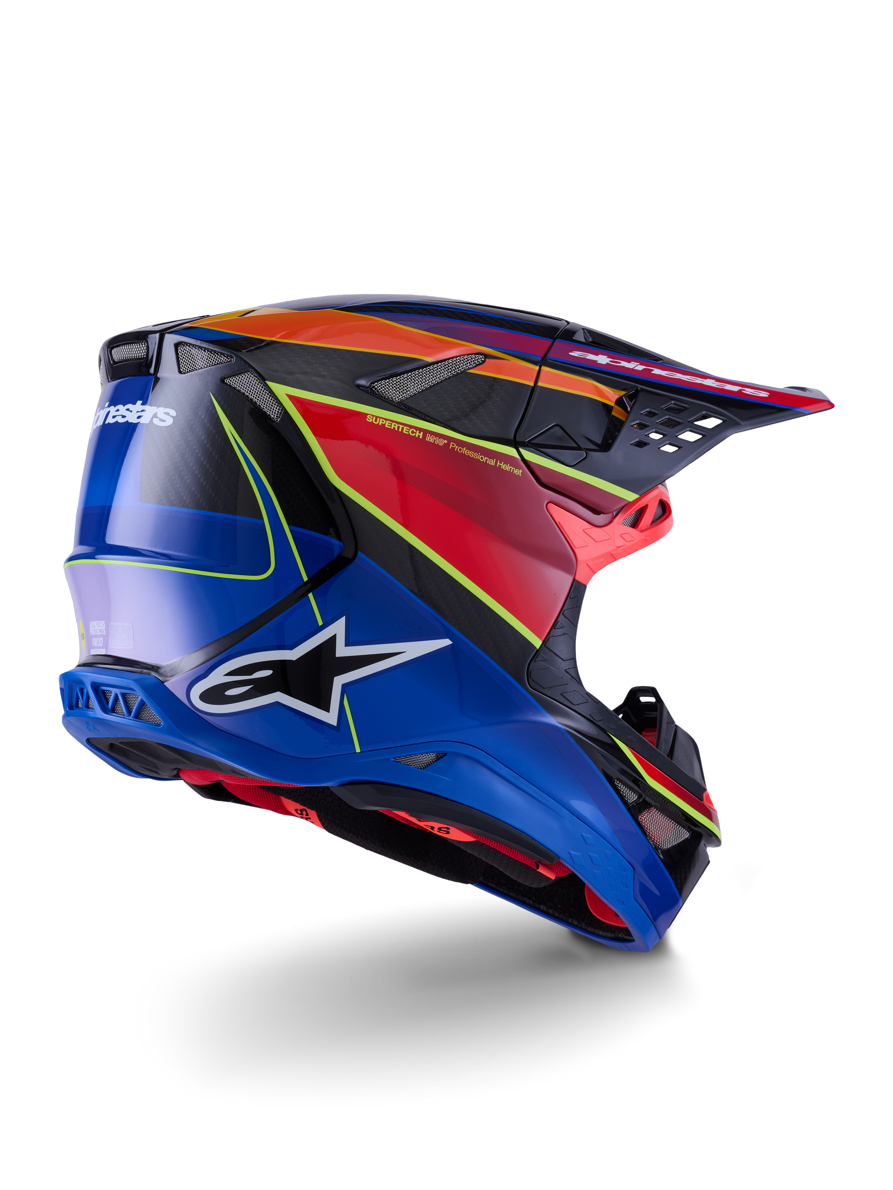 Casco Alpinestars Supertech M10 Era, casco da motocross, blu, rosso e giallo fluo lucido, vista laterale posteriore con dettagli in fibra di carbonio, logo Alpinestars in evidenza, prese d'aria integrate e finitura lucida per prestazioni fuoristrada.