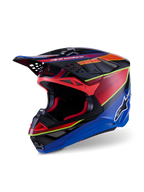 Casco Alpinestars Supertech M10 Era, casco da motocross, blu, rosso e giallo fluo lucido, design professionale della calotta in carbonio multi-composito con prese d'aria avanzate e visiera aerodinamica per gare fuoristrada.