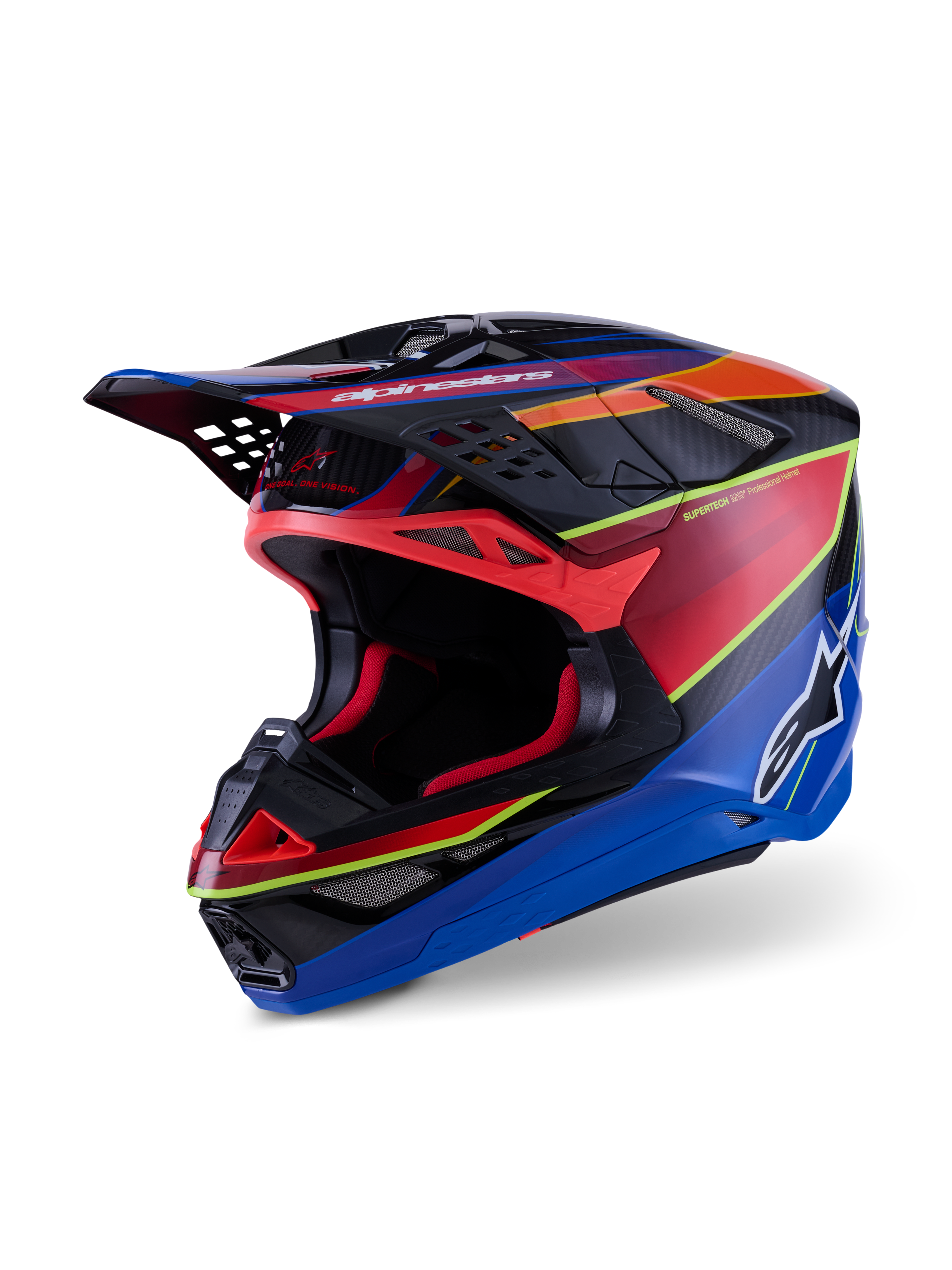 Casco Alpinestars Supertech M10 Era, casco da motocross, blu, rosso e giallo fluo lucido, design professionale della calotta in carbonio multi-composito con prese d'aria avanzate e visiera aerodinamica per gare fuoristrada.