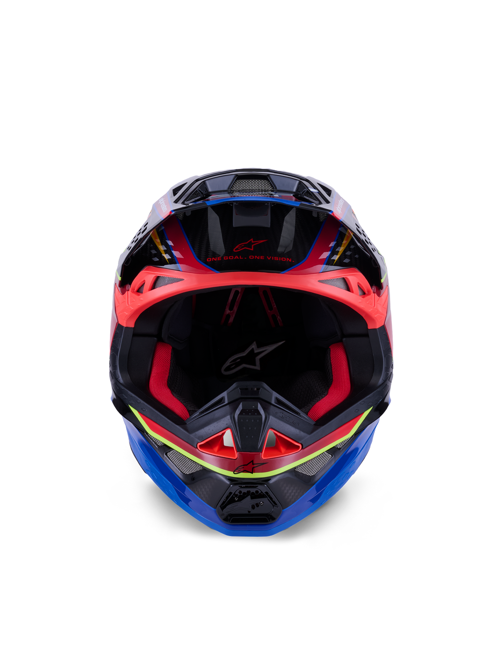 Casco Alpinestars Supertech M10 Era, casco da motocross, blu rosso e giallo fluo lucido, vista frontale che mostra l'imbottitura interna rossa e le porte di ventilazione, calotta in carbonio 3K lucido con design aerodinamico per corse fuoristrada