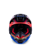 Casco Alpinestars Supertech M10 Era, casco da motocross, blu rosso e giallo fluo lucido, vista frontale che mostra l'imbottitura interna rossa e le porte di ventilazione, calotta in carbonio 3K lucido con design aerodinamico per corse fuoristrada