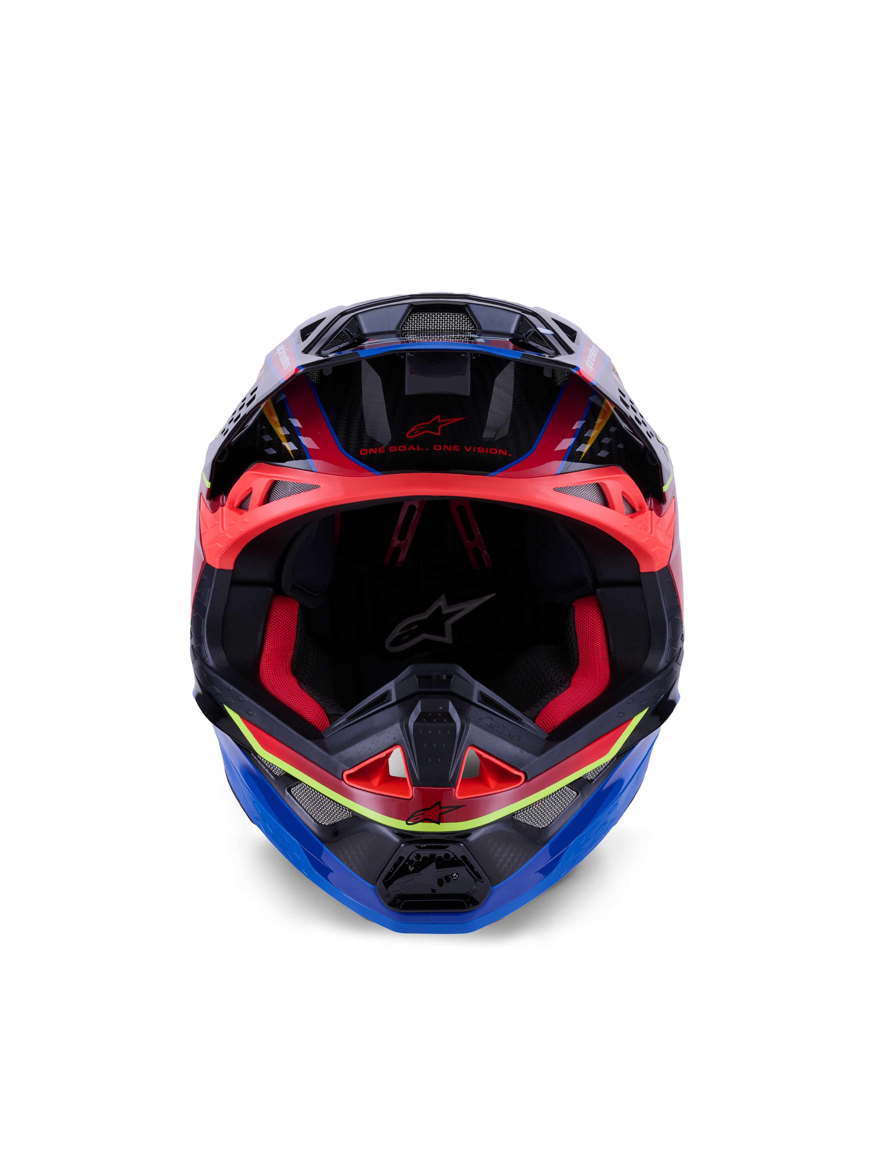 Casco Alpinestars Supertech M10 Era, casco da motocross, blu rosso e giallo fluo lucido, vista frontale che mostra l'imbottitura interna rossa e le porte di ventilazione, calotta in carbonio 3K lucido con design aerodinamico per corse fuoristrada