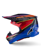 Alpinestars Supertech M10 Era Helmet, casco da motocross, blu, rosso e giallo fluo lucido, vista laterale con calotta aerodinamica in fibra di carbonio, logo Alpinestars sul lato e prese d'aria multiple, equipaggiamento professionale per corse fuoristrada